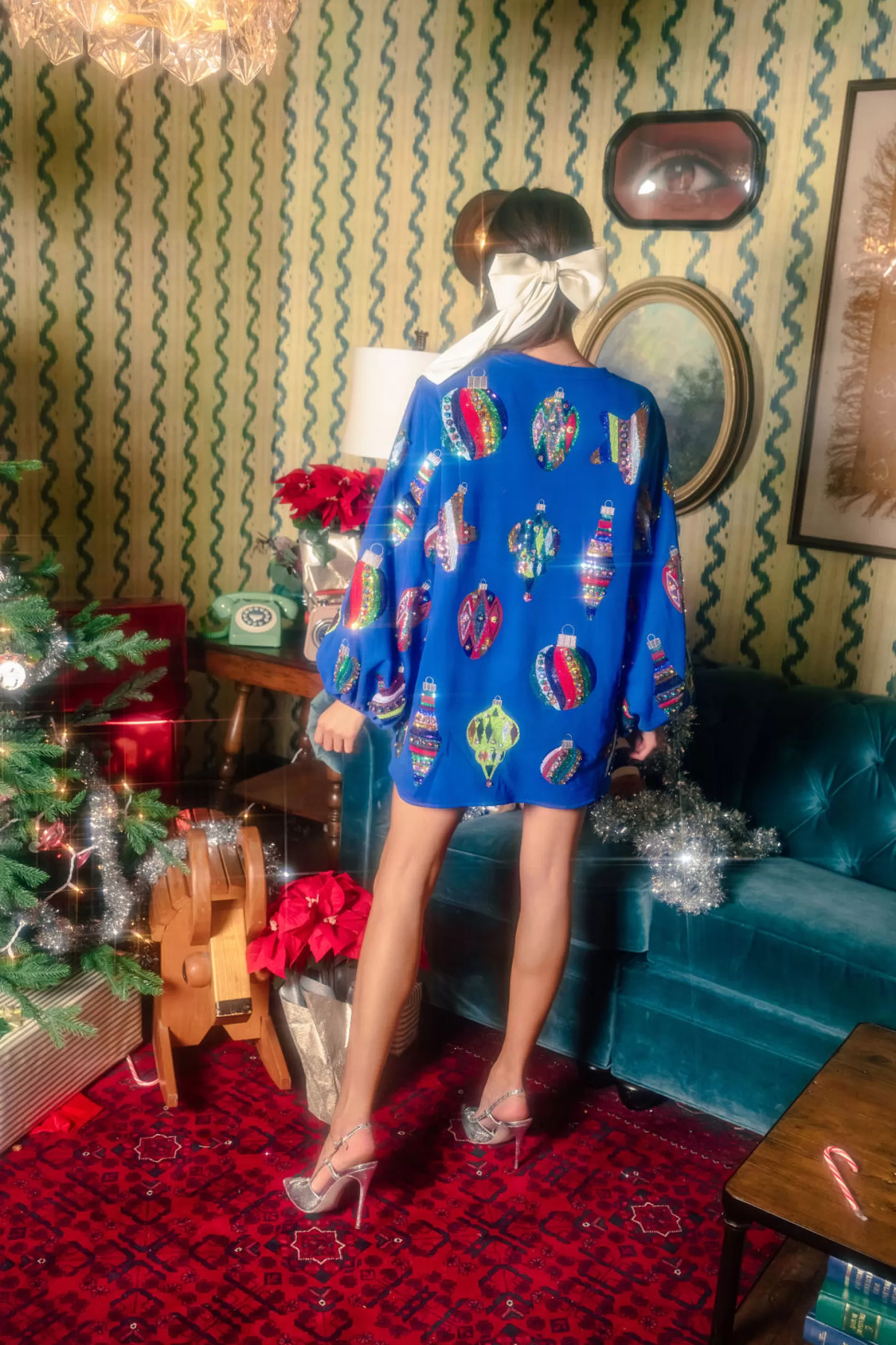 Discount Queen of Sparkles Multi Color Ornaments Balloon Sleeve Dress Blue