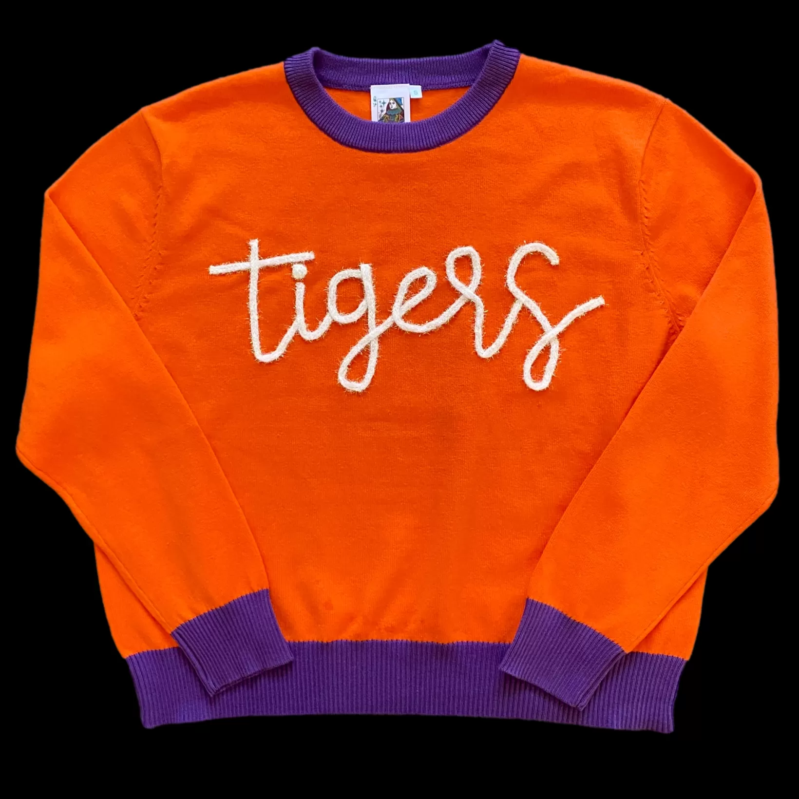 Hot Queen of Sparkles Glitter Script Orange w/ Purple "Tigers" Long Sleeve Sweater