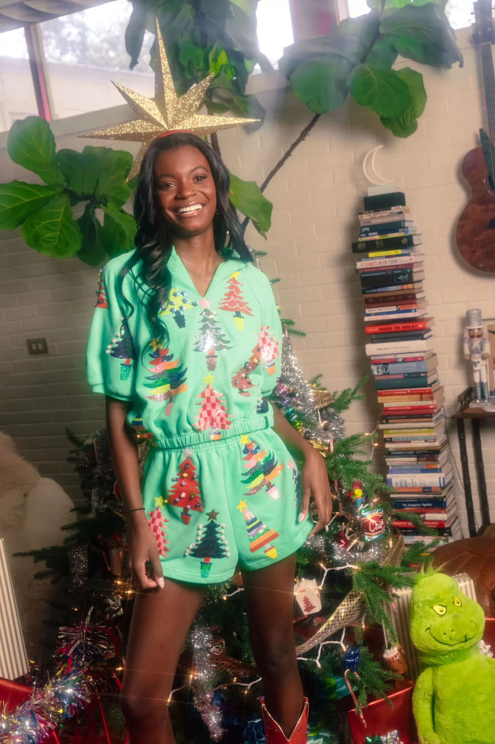 New Queen of Sparkles Colorblock Trees Shorts Green