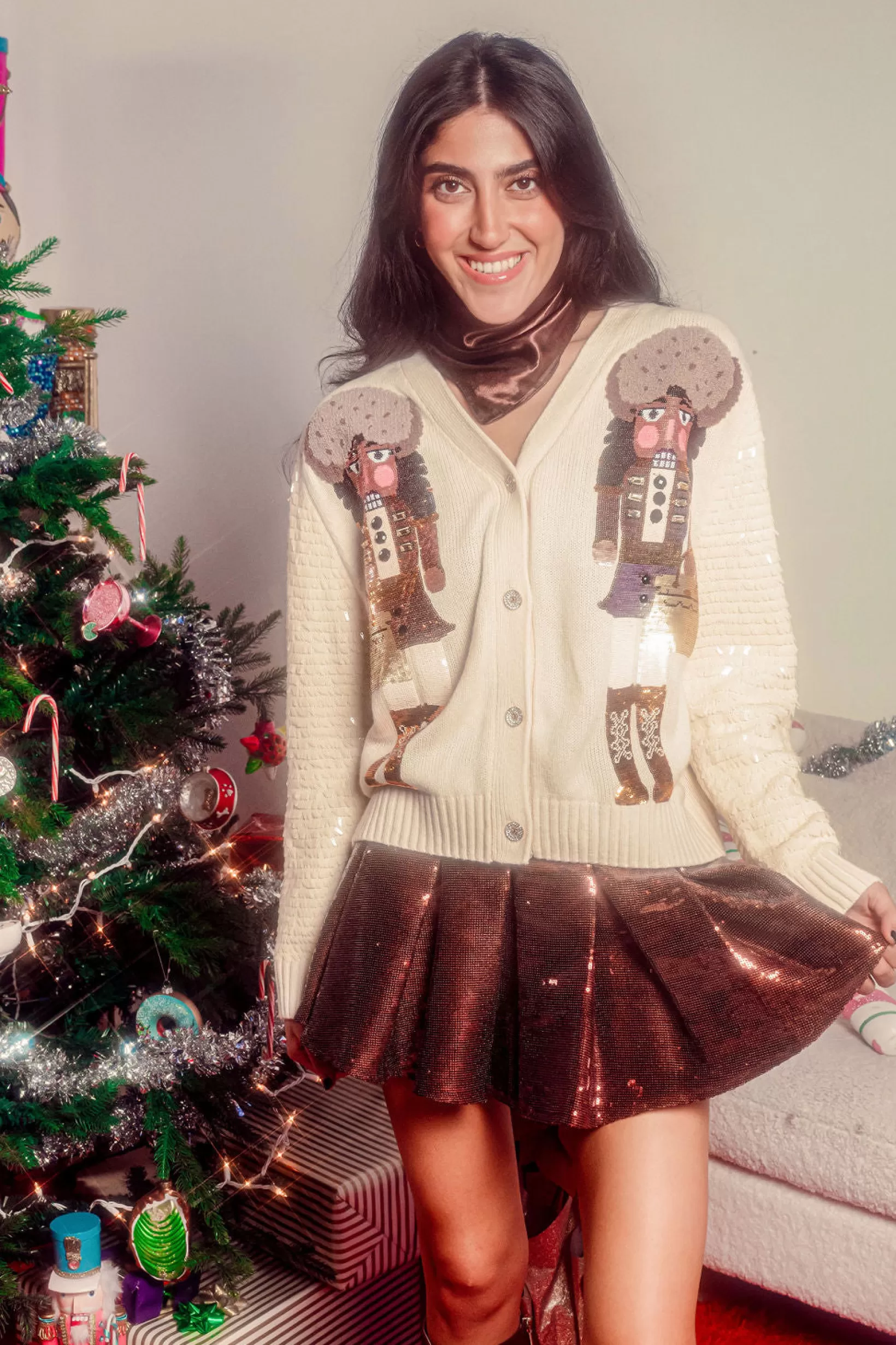 Cheap Queen of Sparkles Raven Haired Nutcracker Lady Shard Sequin Sleeve Cardigan Ivory