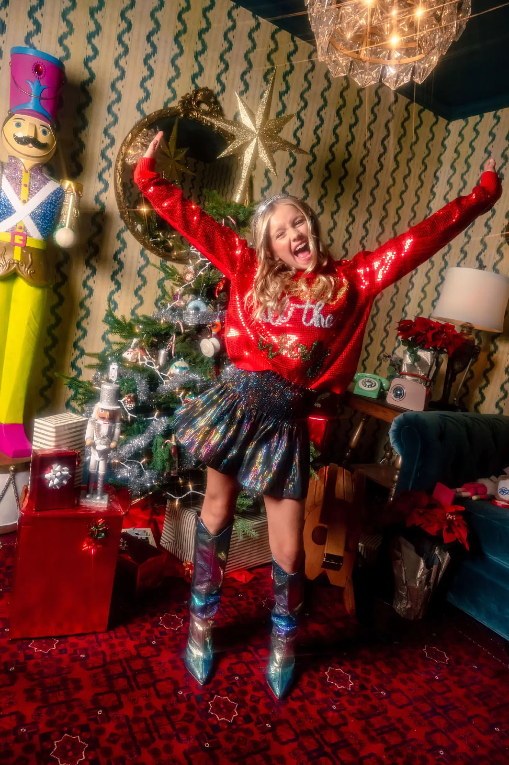 Store Queen of Sparkles Kids Full Sequin Sparkle All the Way Red Sparkle Sweater