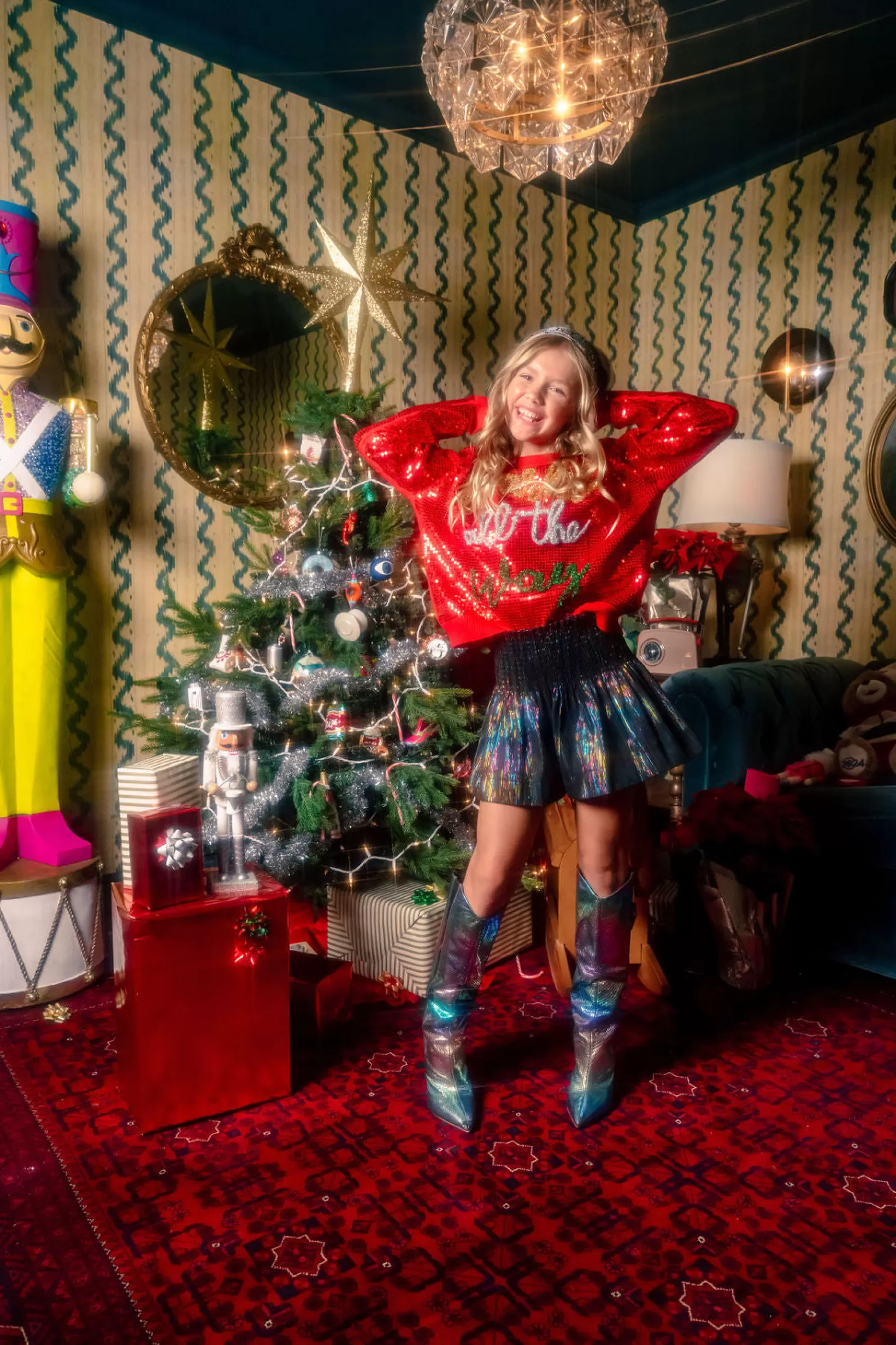 Store Queen of Sparkles Kids Full Sequin Sparkle All the Way Red Sparkle Sweater