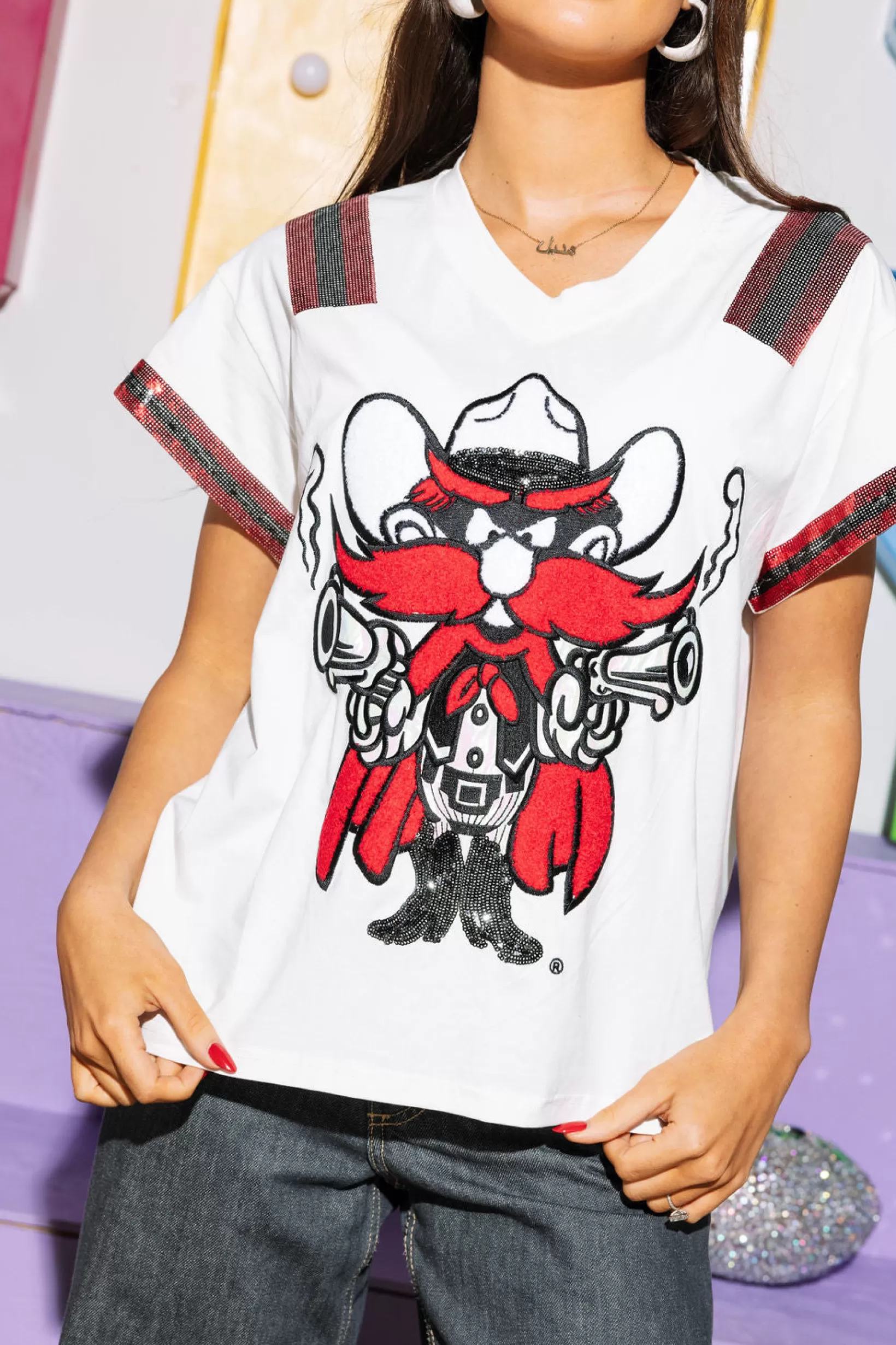 Hot Queen of Sparkles Licensed , Black & Red Texas Tech Raider Red Jersey Tee White
