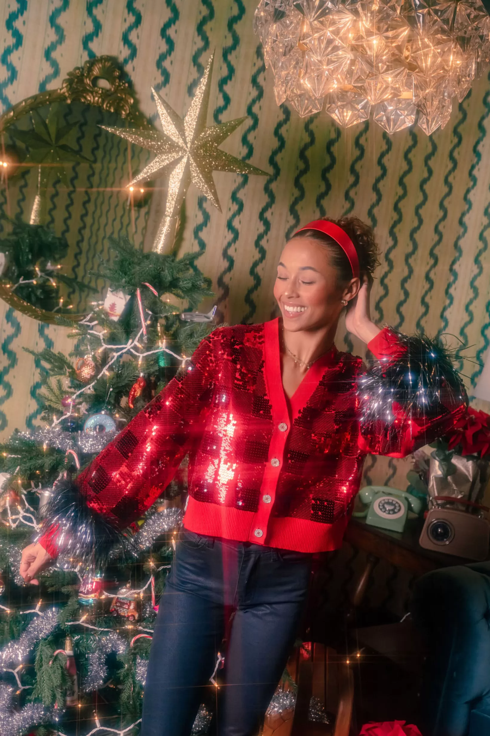 Flash Sale Queen of Sparkles Red & Black Buffalo Plaid Full Sequin With Feather Sleeve Cardigan Red/Black