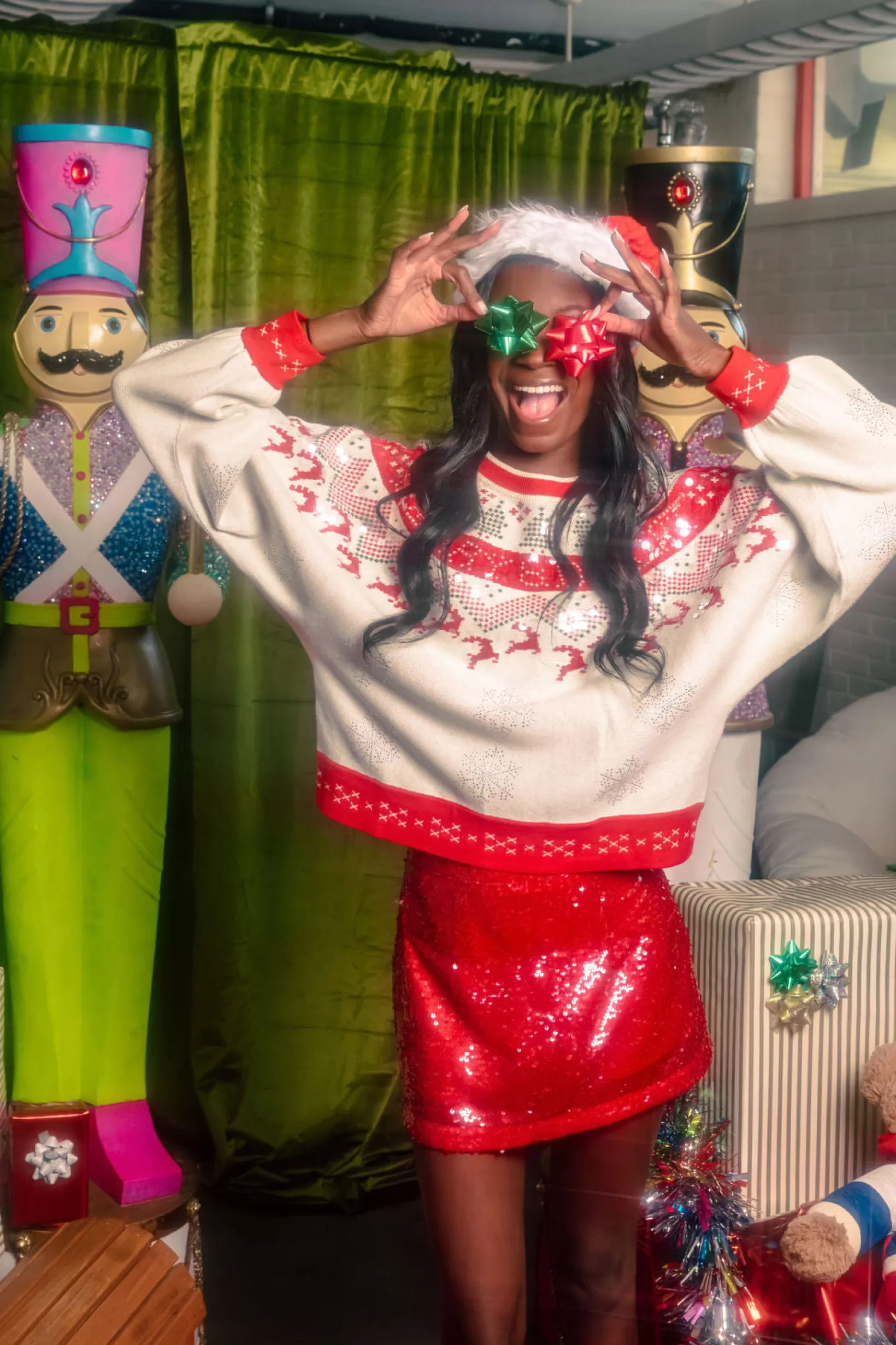 Hot Queen of Sparkles Red & Vintage Needlepoint Reindeer Sweater White
