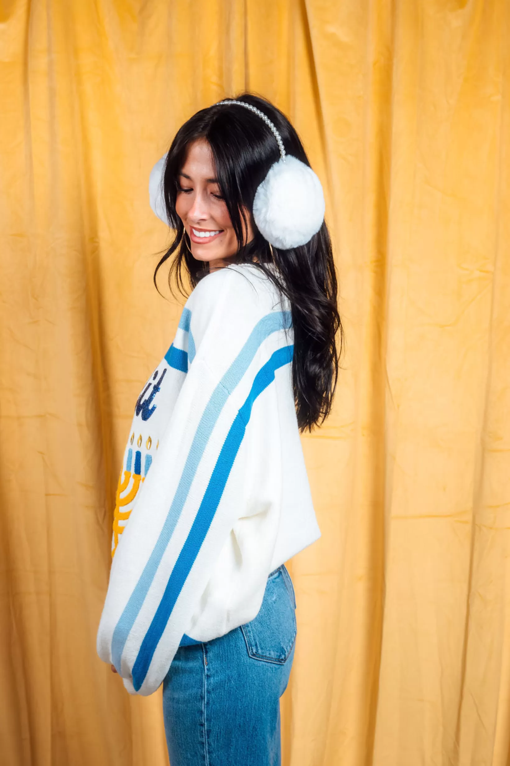 Flash Sale Queen of Sparkles & Royal 'Get Lit' Menorah Stripe Long Sleeve Sweater White